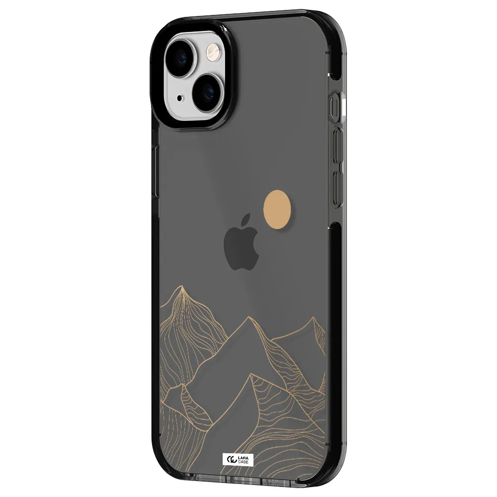 a mountain range with a sun in the background Apple iPhone 14 plus impact Smoke Black Case