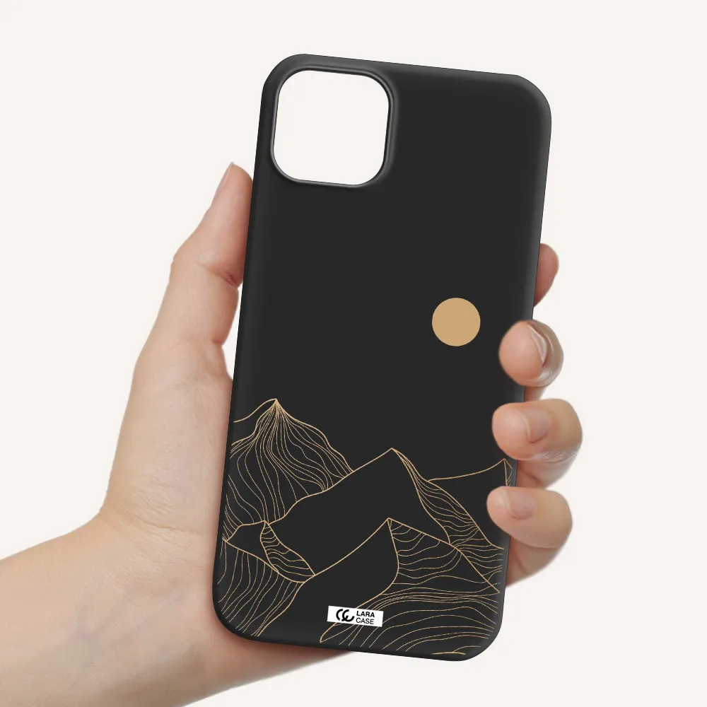 a mountain range with a sun in the background Apple iPhone 14 plus Silicone black Case