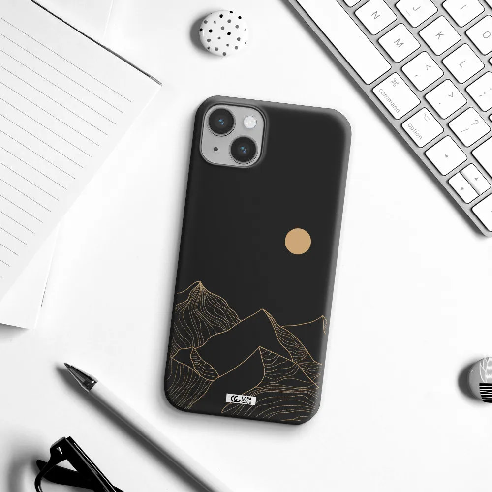 a mountain range with a sun in the background Apple iPhone 14 plus Silicone black Case