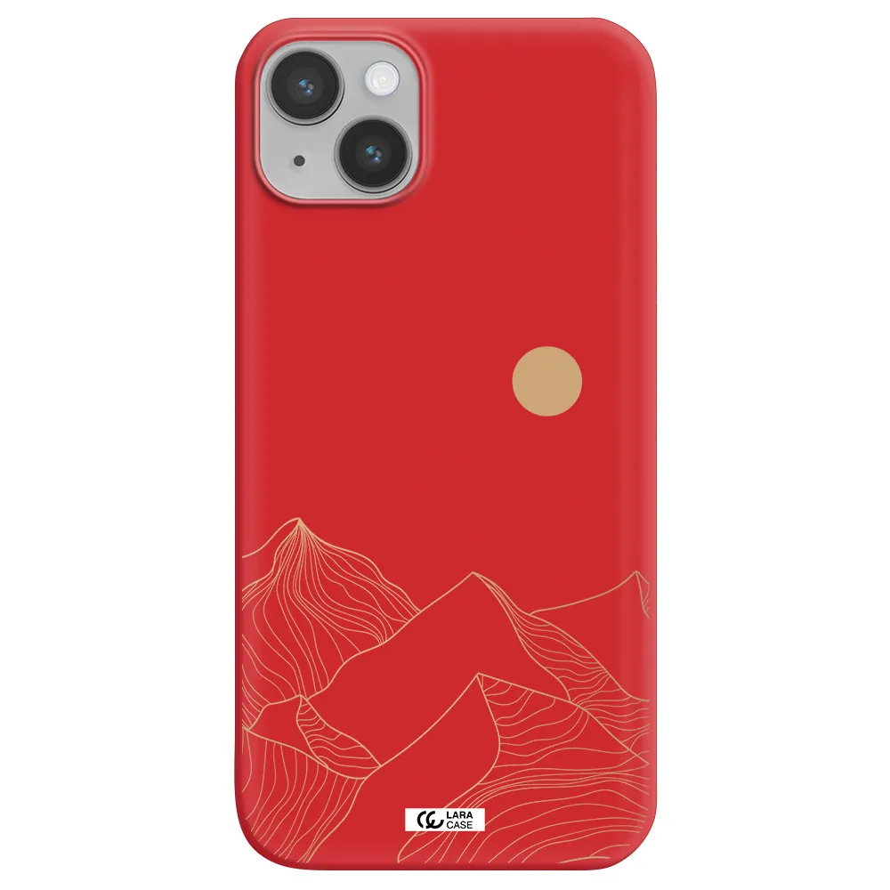 a mountain range with a sun in the background Apple iPhone 14 plus Silicone Imperial Red Case