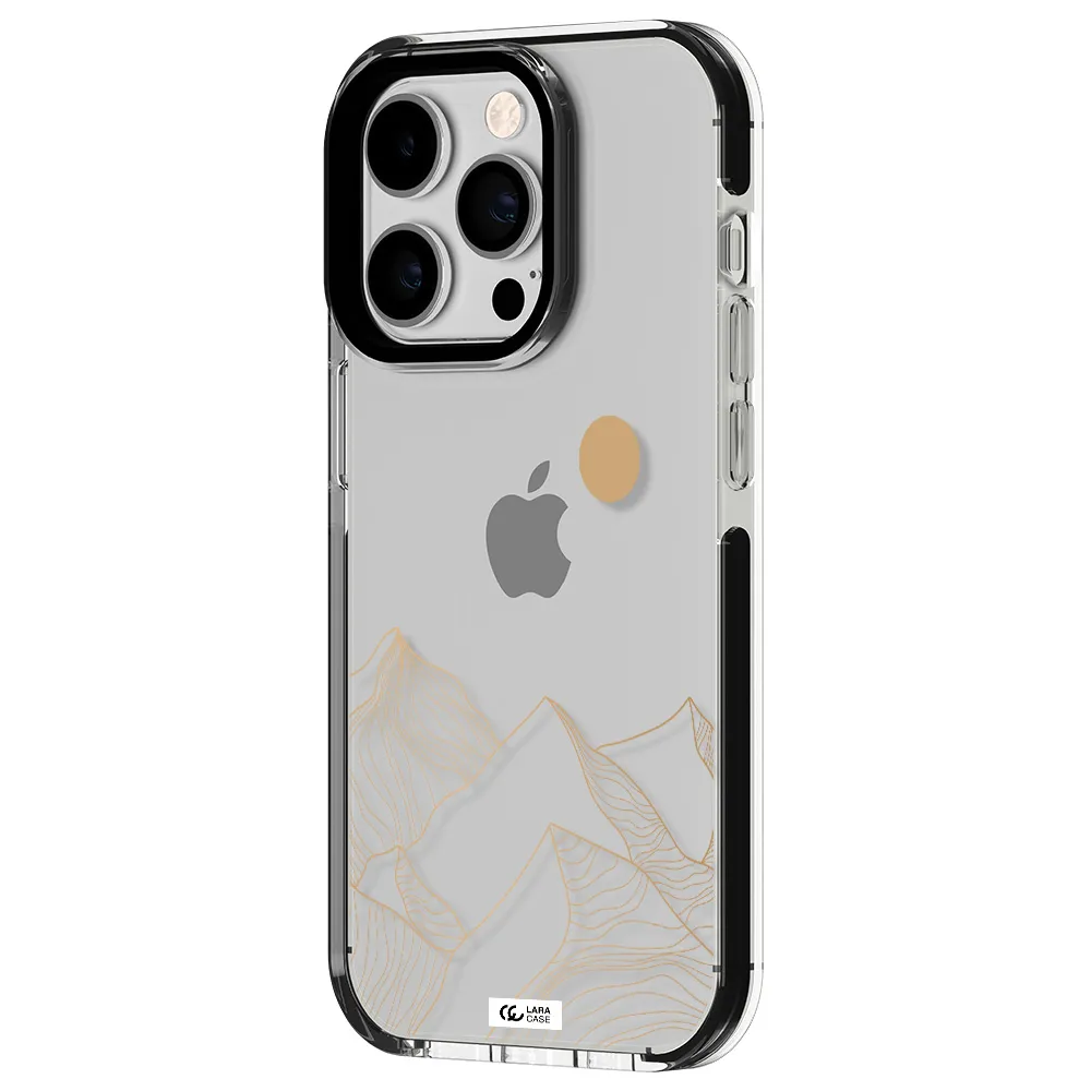 a mountain range with a sun in the background Apple iPhone 14 pro impact black border Case