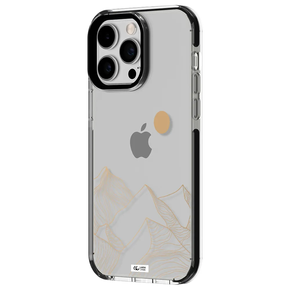 a mountain range with a sun in the background Apple iPhone 14 pro max impact black border Case