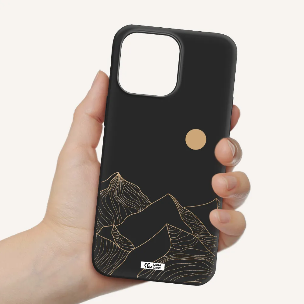 a mountain range with a sun in the background Apple iPhone 14 pro max Silicone black Case