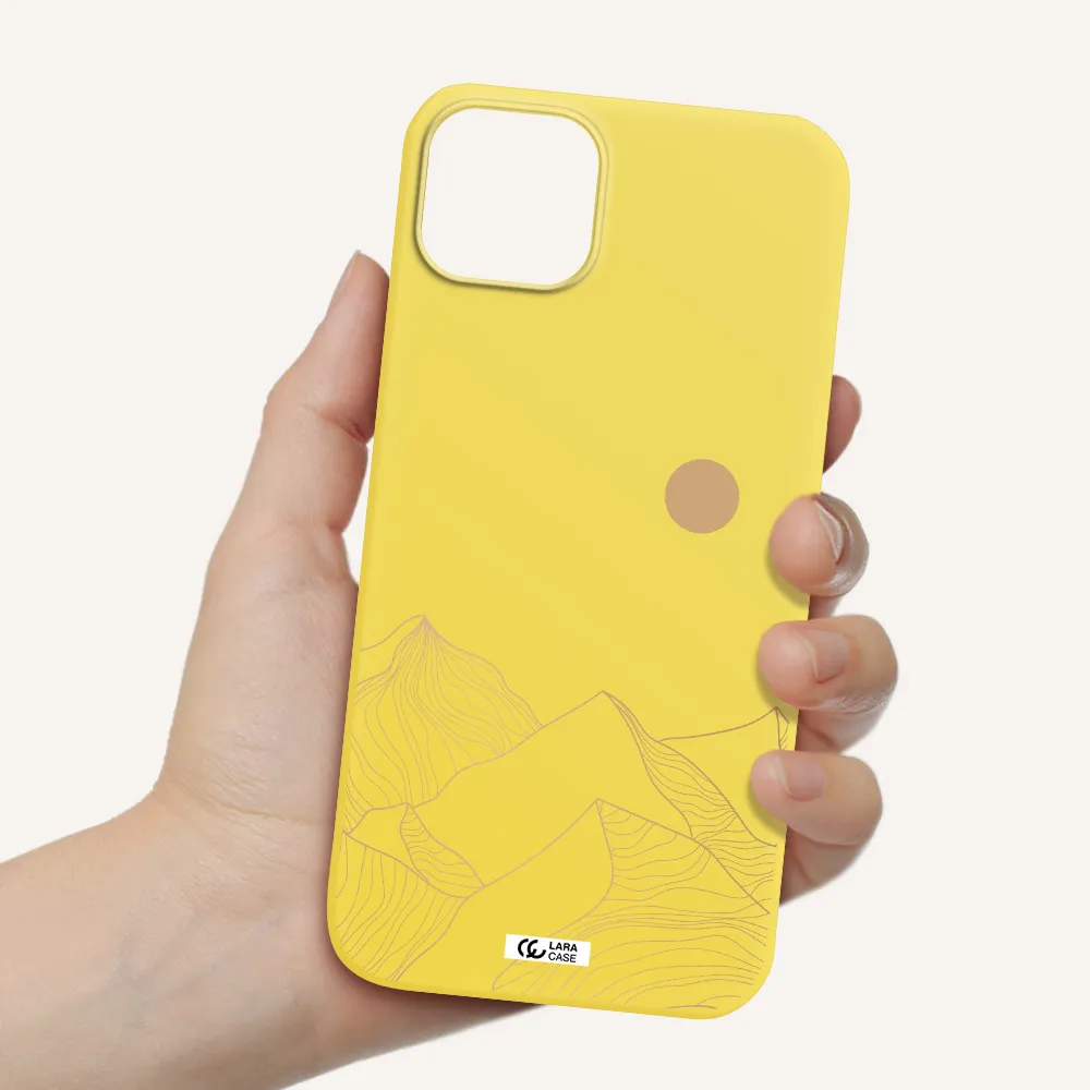a mountain range with a sun in the background Apple iPhone 14 Silicone canary yellow Case