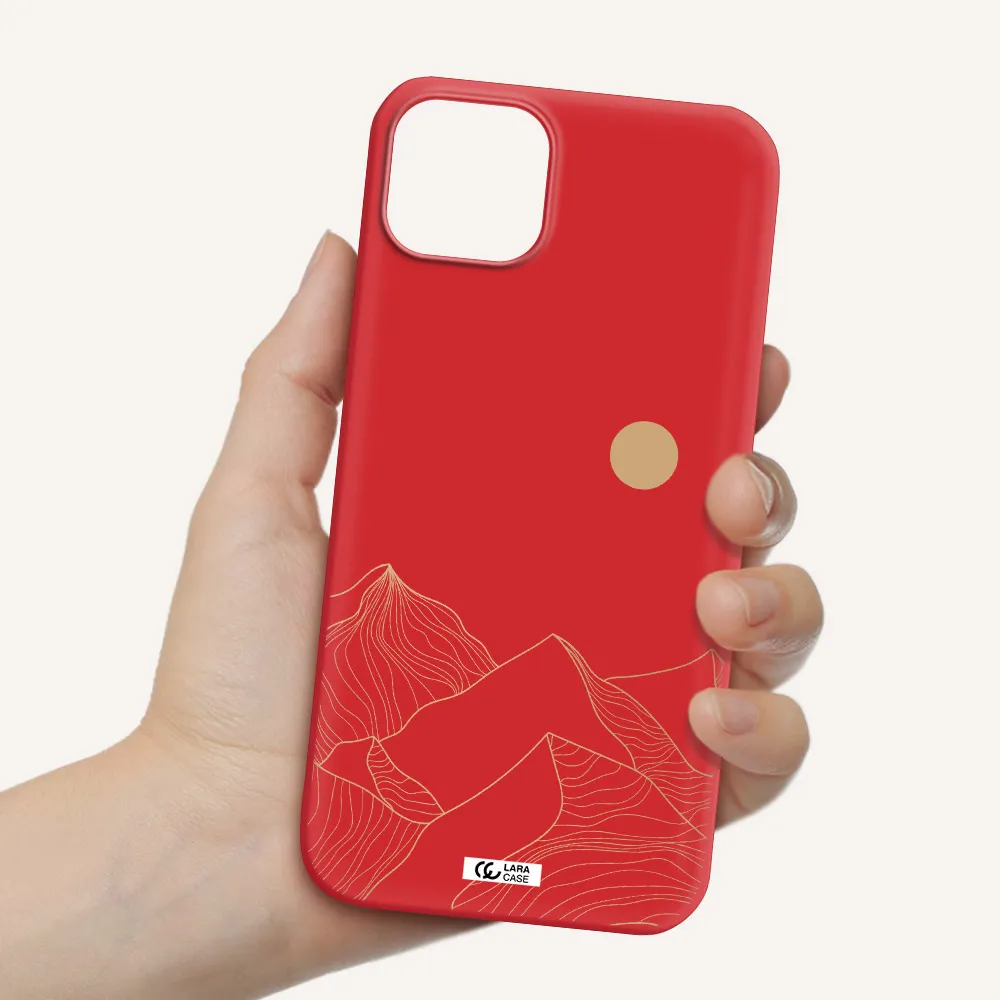 a mountain range with a sun in the background Apple iPhone 14 Silicone Imperial Red Case