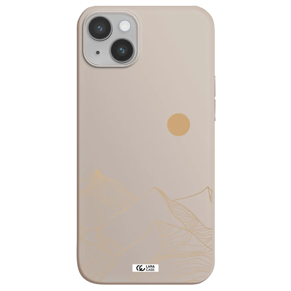 a mountain range with a sun in the background Apple iPhone 14 Silicone Stone Case