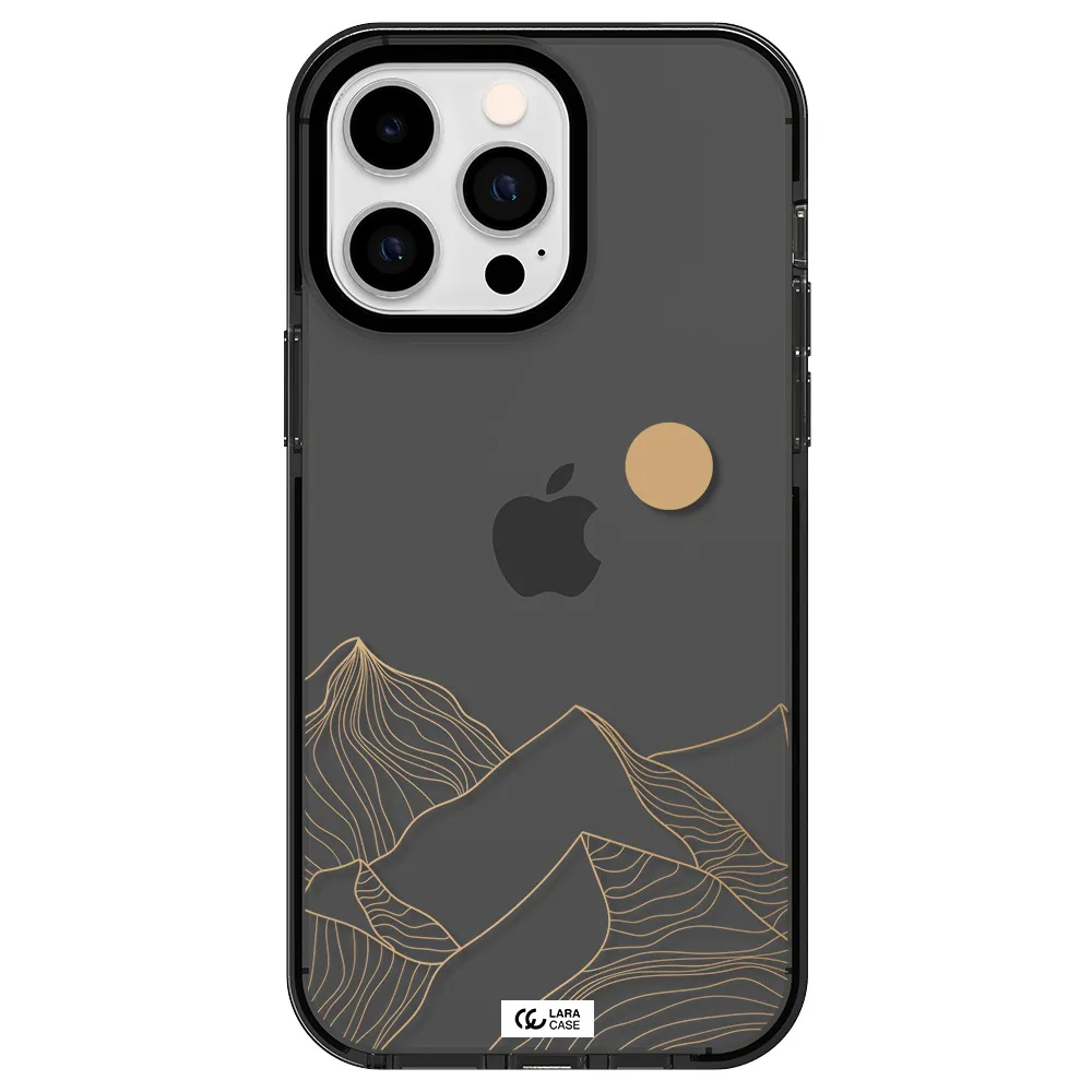 a mountain range with a sun in the background Apple iPhone 15 Pro impact Smoke Black Case