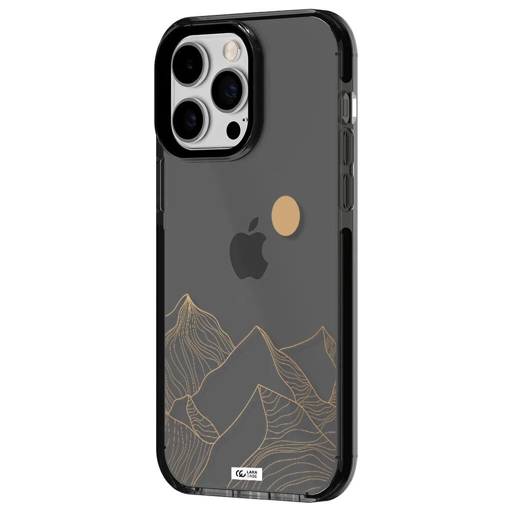 a mountain range with a sun in the background Apple iPhone 15 Pro impact Smoke Black Case