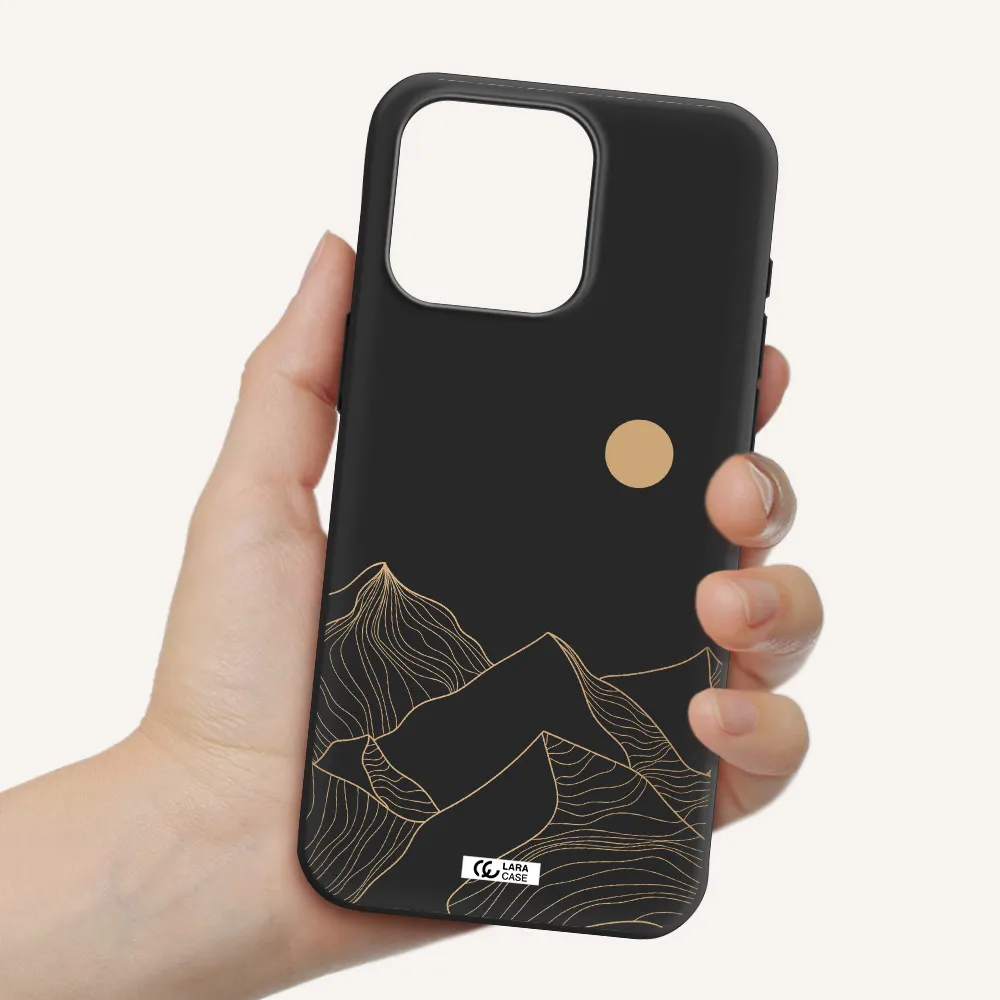 a mountain range with a sun in the background Apple Iphone 15 Pro max Silicone black Case