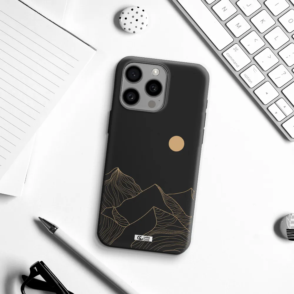 a mountain range with a sun in the background Apple Iphone 15 Pro max Silicone black Case