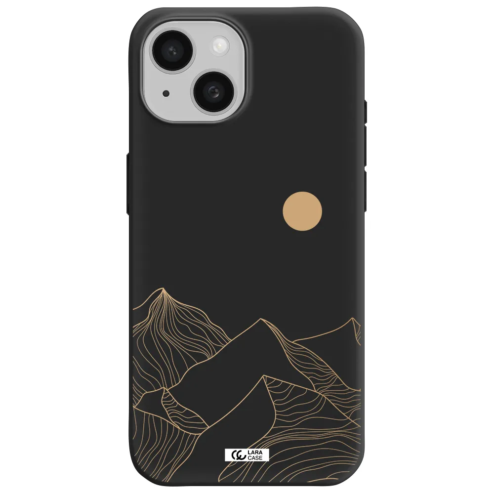 a mountain range with a sun in the background Apple iPhone 15 Silicone black Case