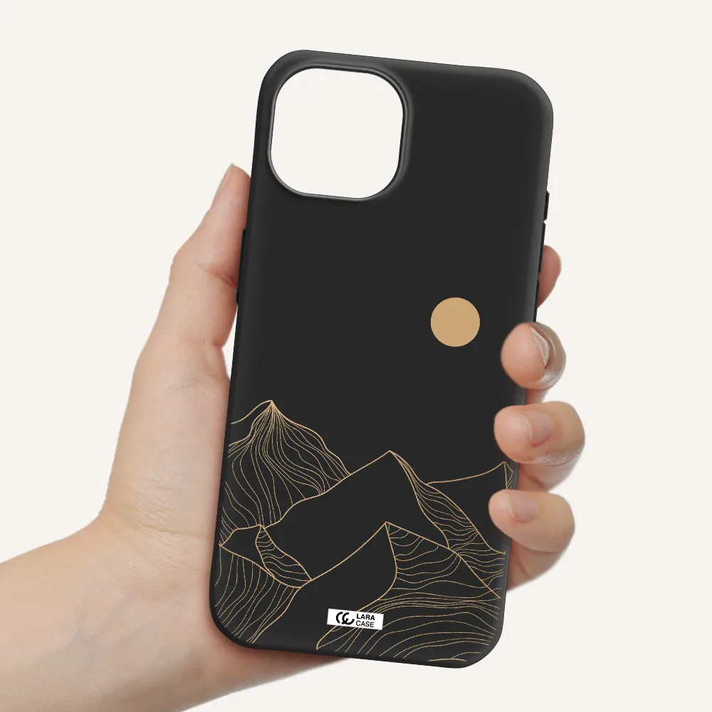 a mountain range with a sun in the background Apple iPhone 15 Silicone black Case