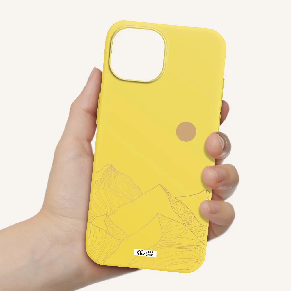 a mountain range with a sun in the background Apple iPhone 15 Silicone canary yellow Case