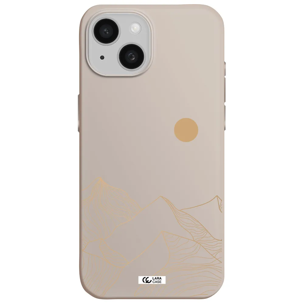 a mountain range with a sun in the background Apple iPhone 15 Silicone Stone Case