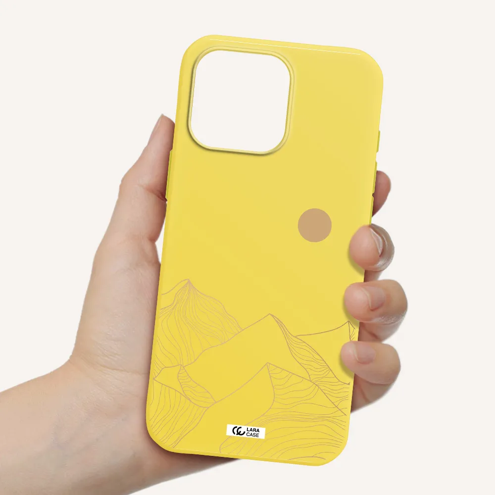 A Mountain Range With A Sun In The Background Apple Iphone 16 Pro Max Silicone Canary Yellow Case