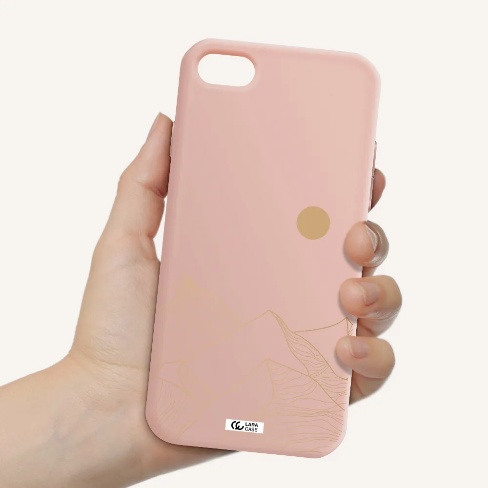a mountain range with a sun in the background Apple iPhone 8 Silicone pastel pink Case