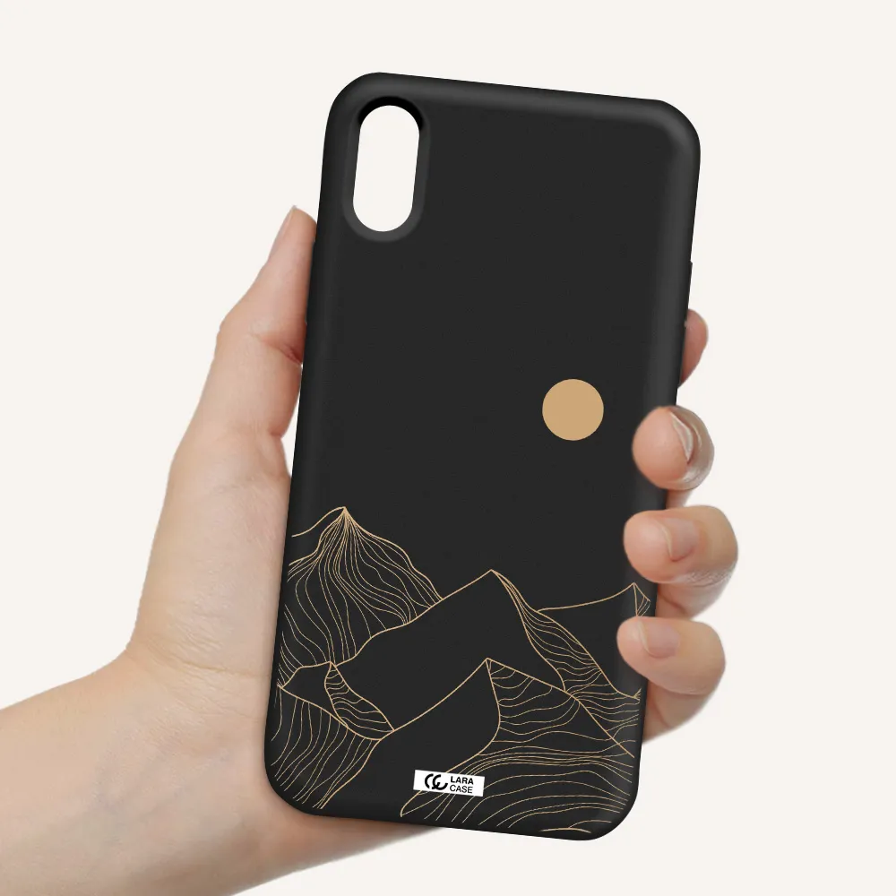 a mountain range with a sun in the background Apple iPhone XS Silicone black Case