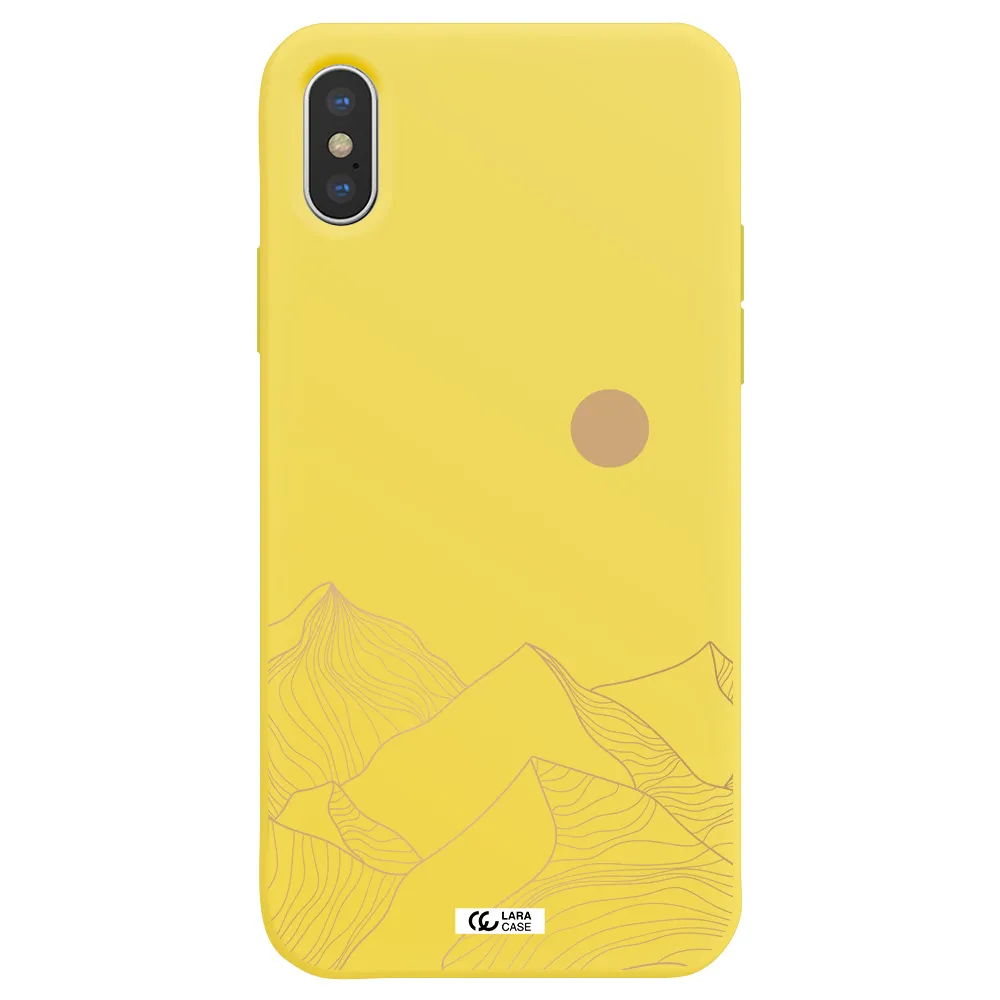 a mountain range with a sun in the background Apple iPhone XS Silicone canary yellow Case