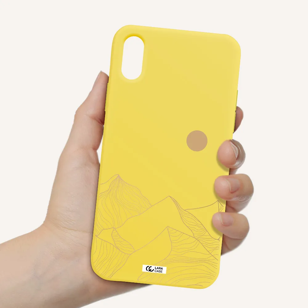 a mountain range with a sun in the background Apple iPhone XS Silicone canary yellow Case