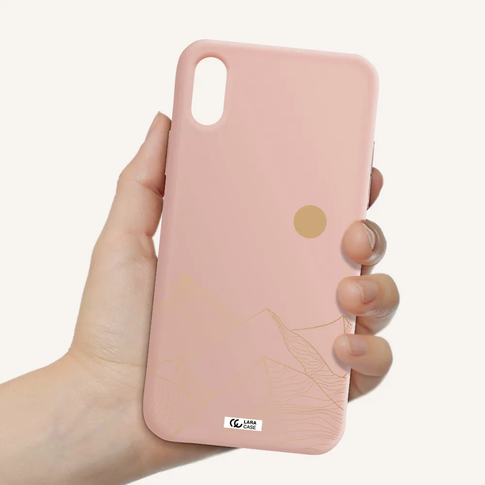 a mountain range with a sun in the background Apple iPhone XS Silicone pastel pink Case