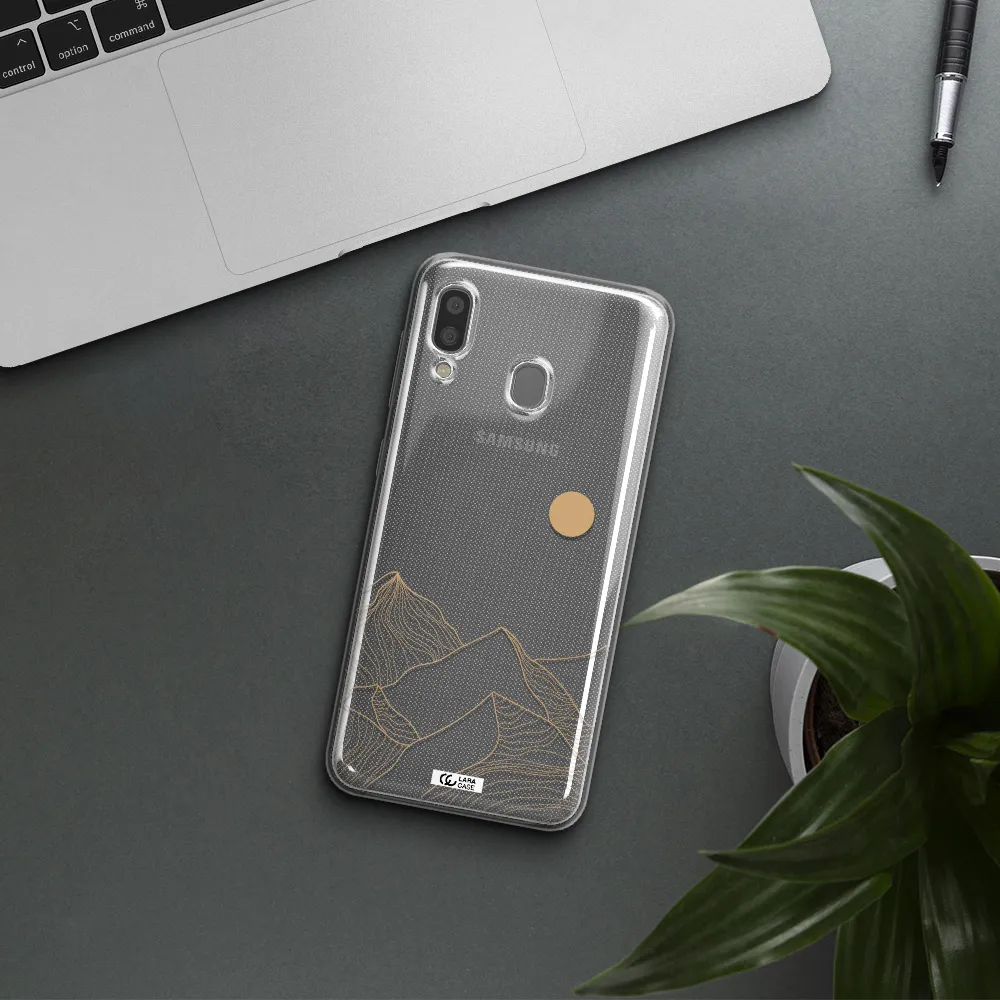 a mountain range with a sun in the background Samsung A20 Clear TPU Case