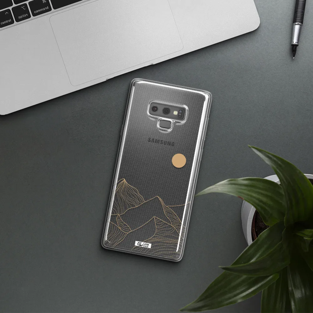 a mountain range with a sun in the background Samsung Note 9 Clear TPU Case