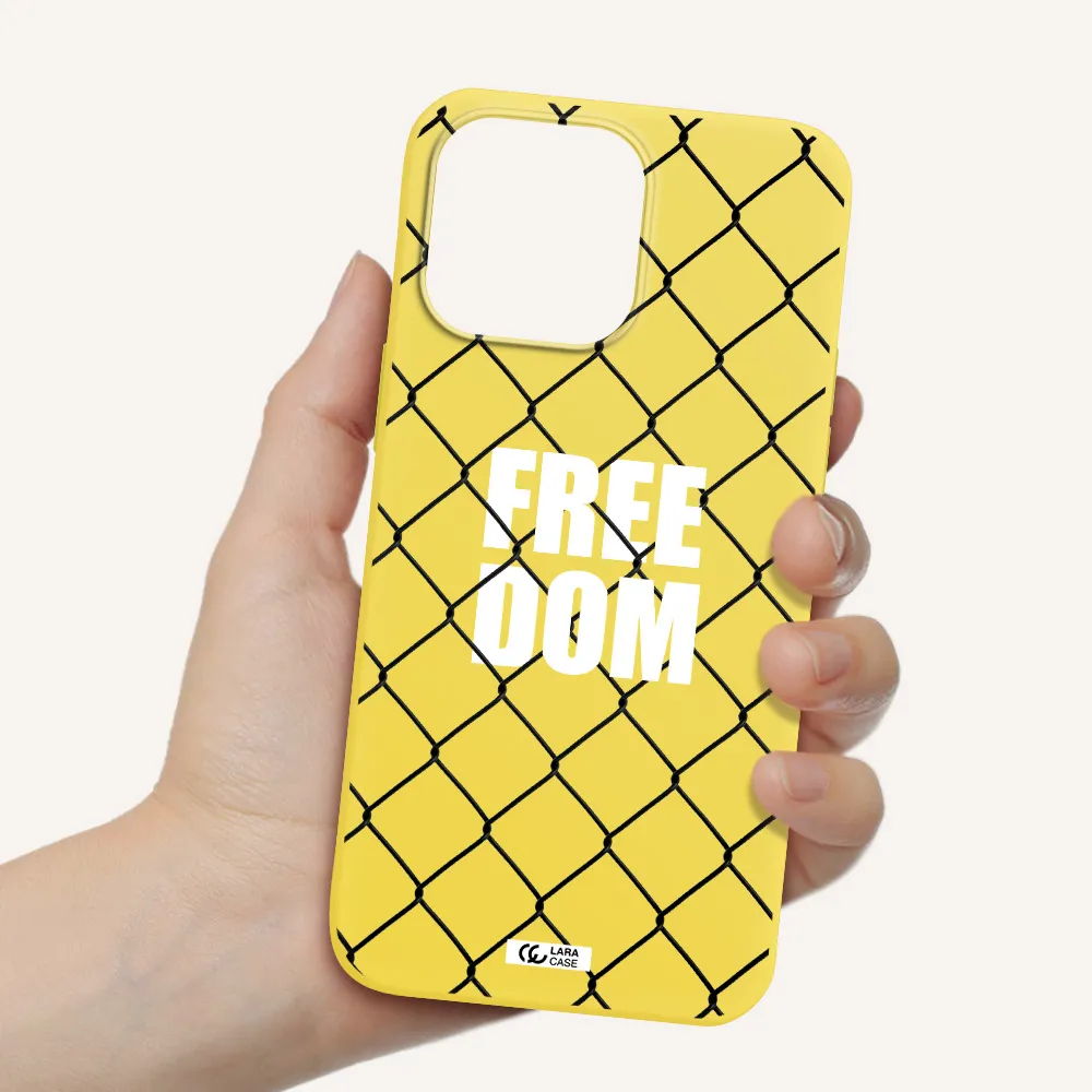 a close-up of a chain link fence Apple iPhone 14 pro max Silicone canary yellow Case