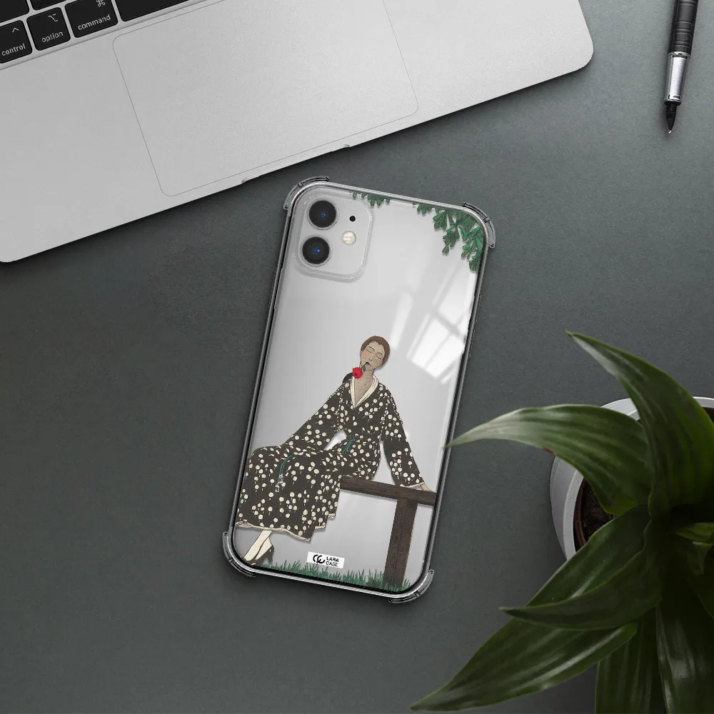 a woman sitting on a bench Apple iPhone 11 Clear PC Case