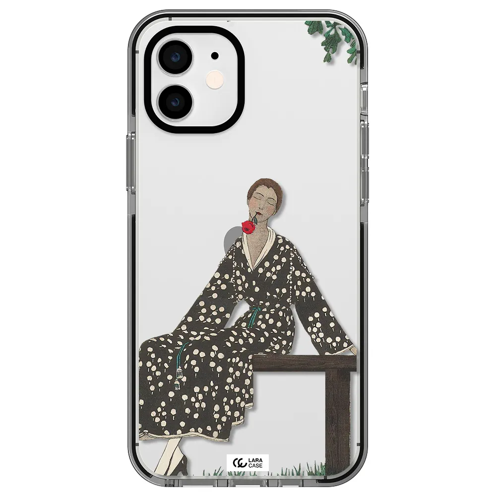 a woman sitting on a bench Apple iPhone 11 impact black border Case