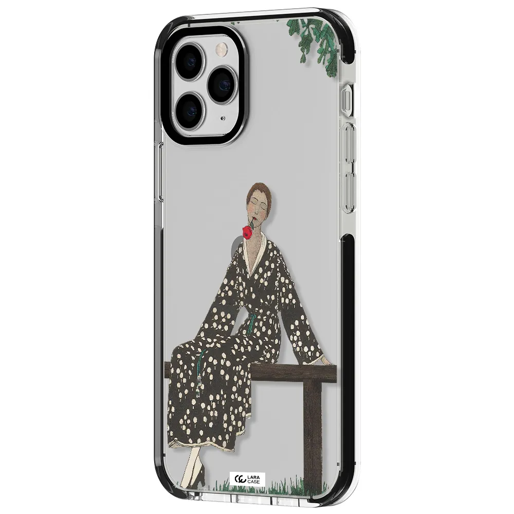 a woman sitting on a bench Apple iPhone 11 pro impact black border Case