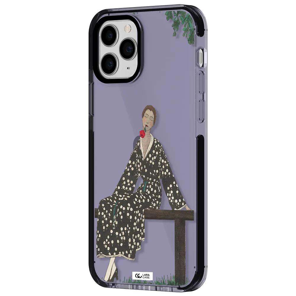 a woman sitting on a bench Apple iPhone 11 pro impact Lilac Case