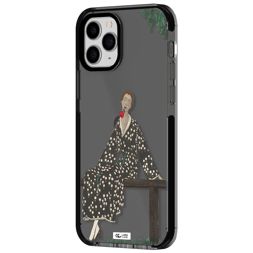 a woman sitting on a bench Apple iPhone 11 pro impact Smoke Black Case