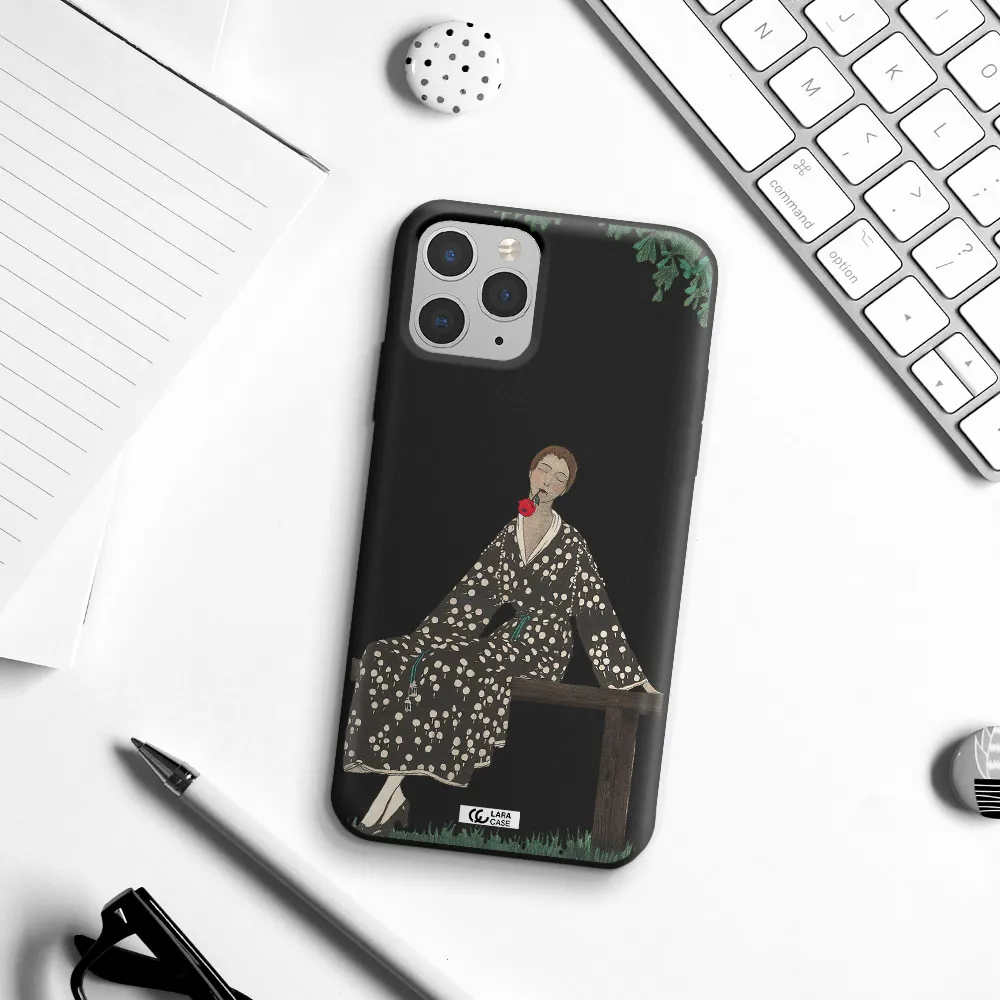 a woman sitting on a bench Apple iPhone 11 pro max Silicone black Case