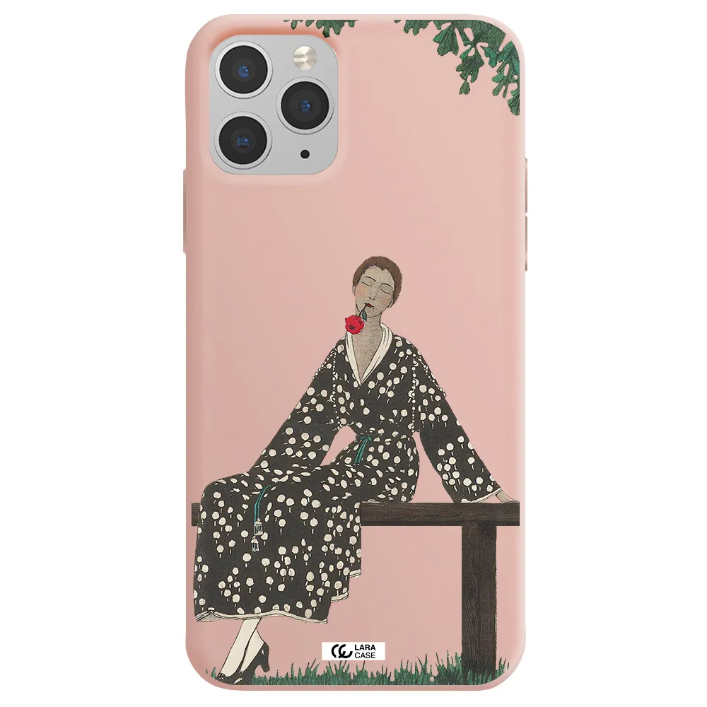 a woman sitting on a bench Apple iPhone 11 pro max Silicone pastel pink Case