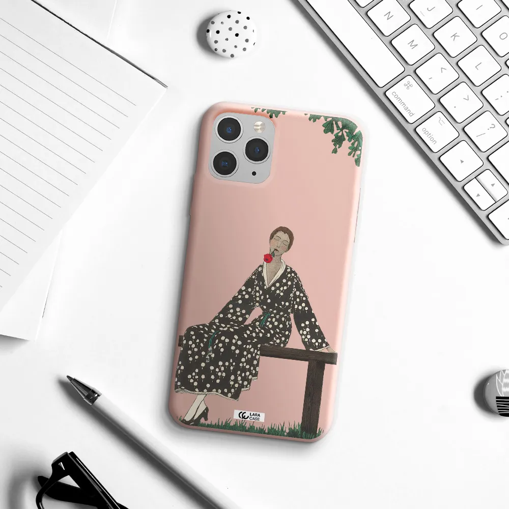 a woman sitting on a bench Apple iPhone 11 pro max Silicone pastel pink Case
