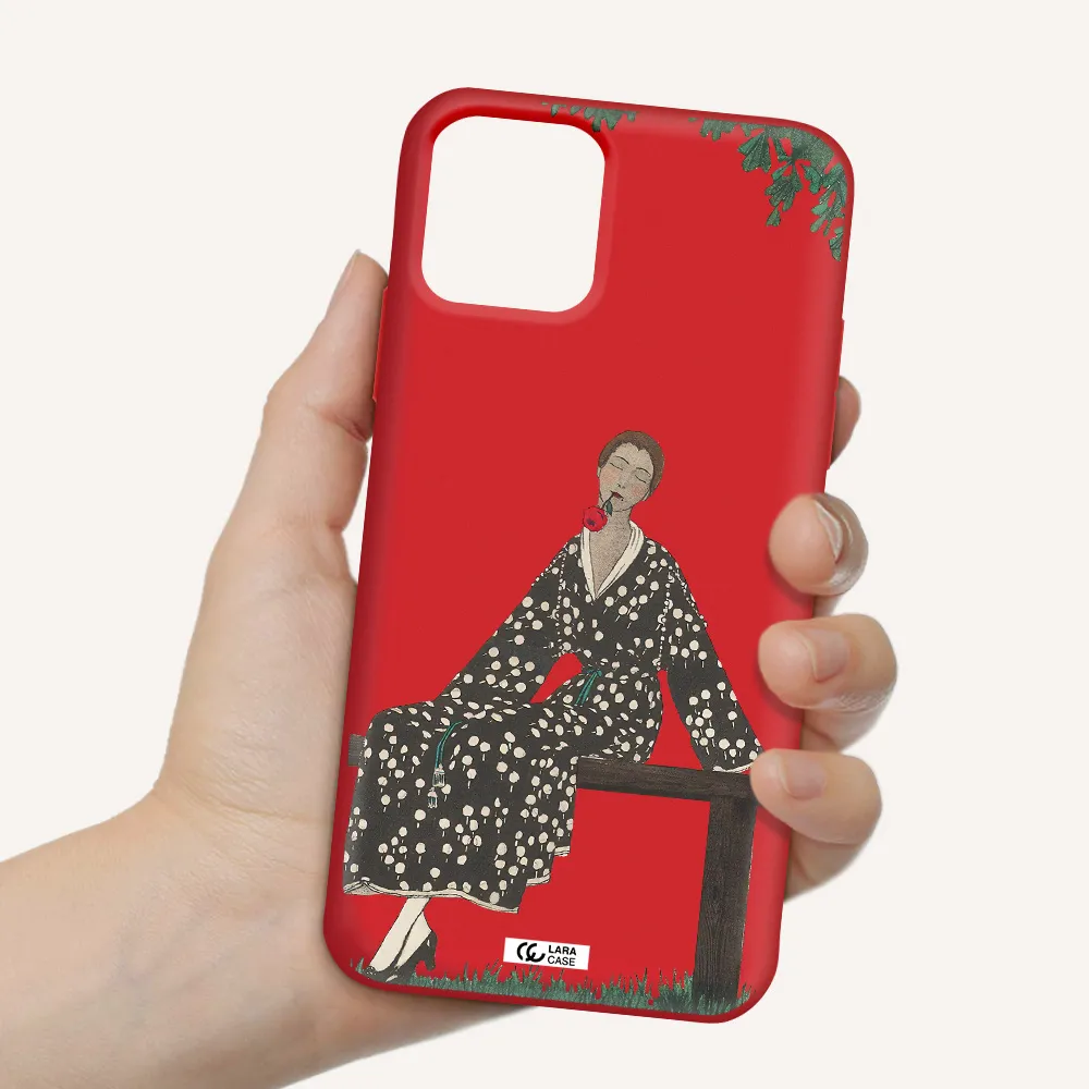 a woman sitting on a bench Apple iPhone 11 pro Silicone Imperial Red Case
