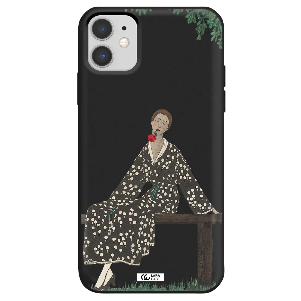 a woman sitting on a bench Apple iPhone 11 Silicone black Case