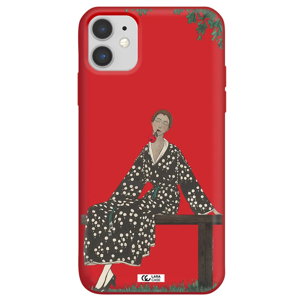 a woman sitting on a bench Apple iPhone 11 Silicone Imperial Red Case