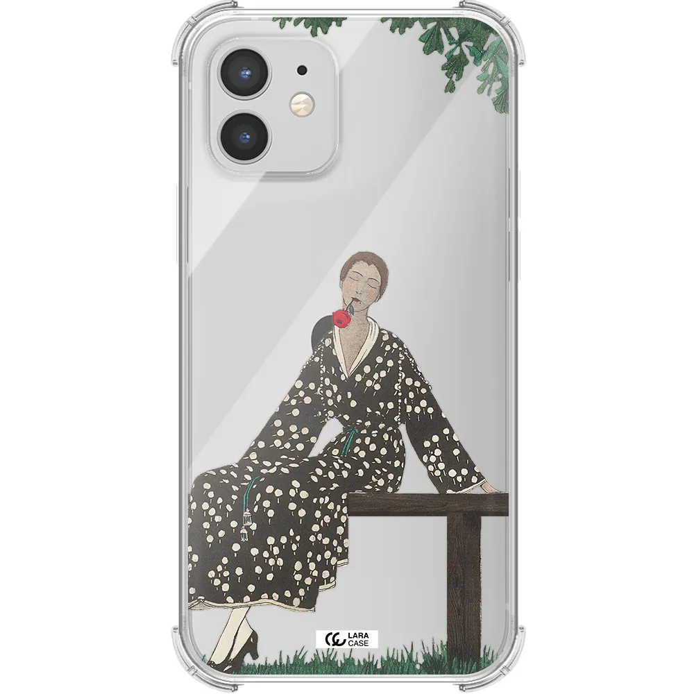 a woman sitting on a bench Apple iPhone 12 Clear PC Case