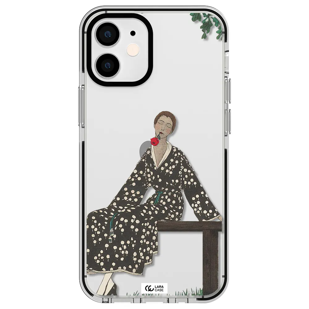 a woman sitting on a bench Apple iPhone 12 mini impact black border Case