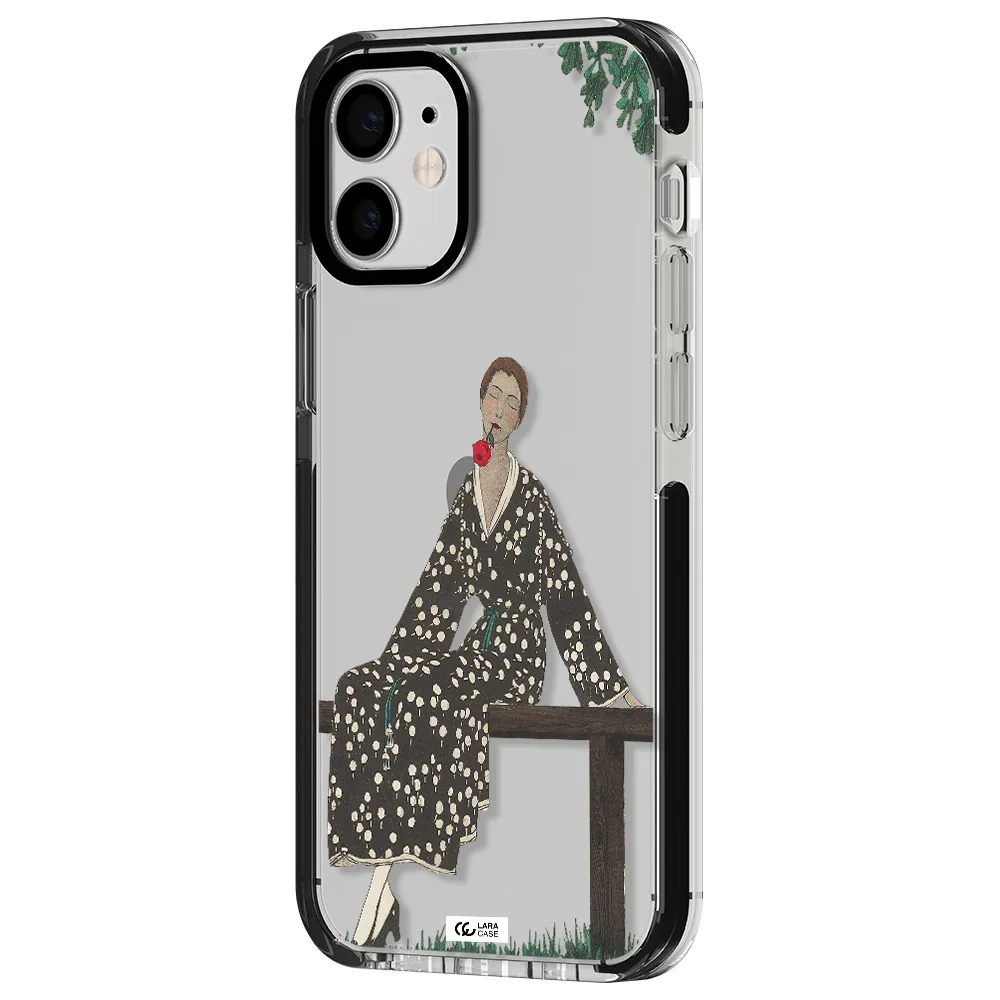 a woman sitting on a bench Apple iPhone 12 mini impact black border Case