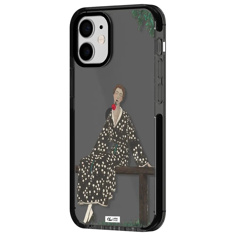 a woman sitting on a bench Apple iPhone 12 mini impact Smoke Black Case