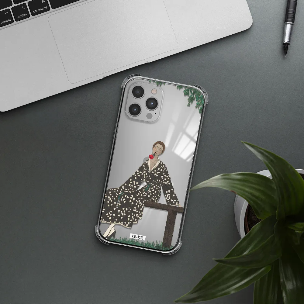 a woman sitting on a bench Apple iPhone 12 pro Clear PC Case