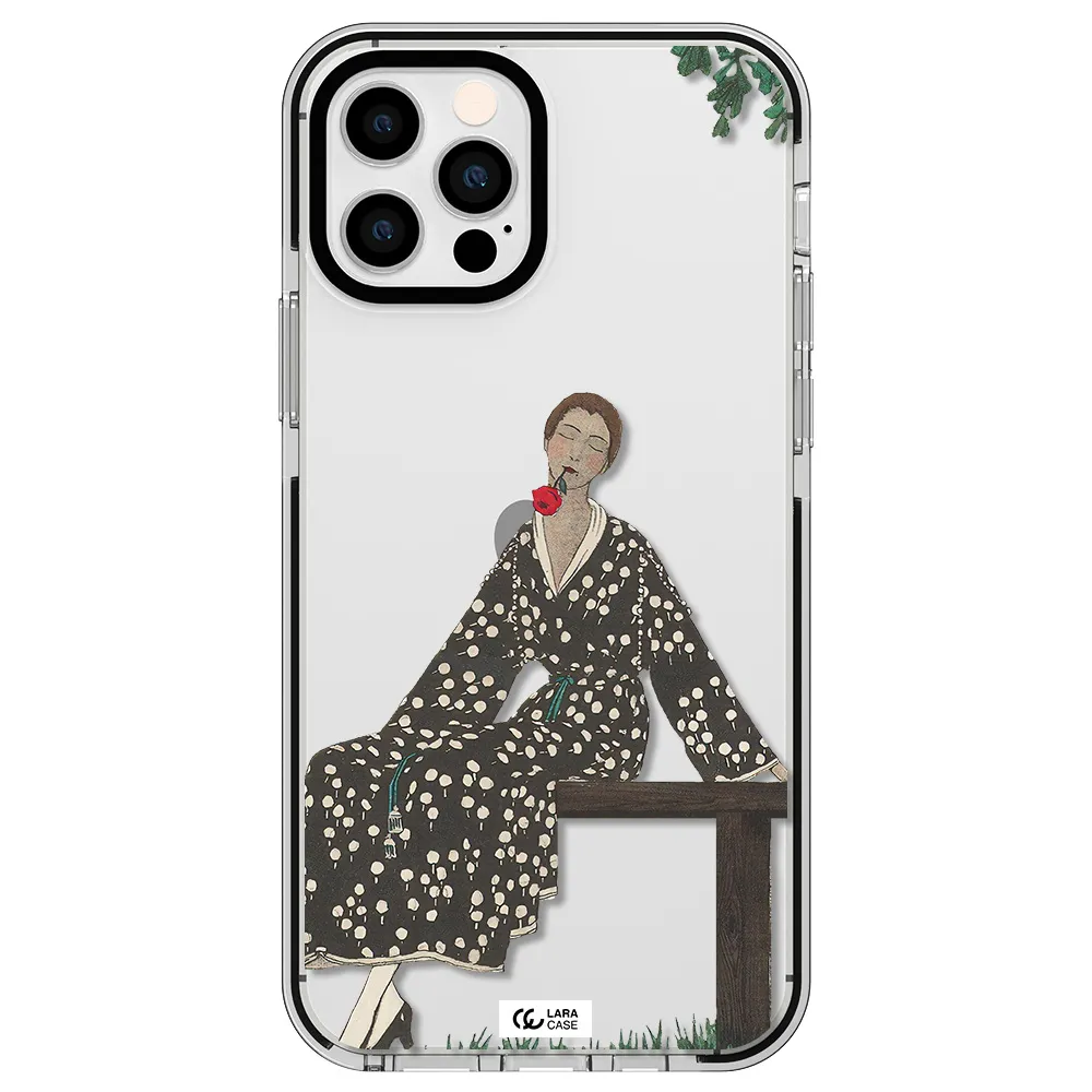 a woman sitting on a bench Apple iPhone 12 pro impact black border Case