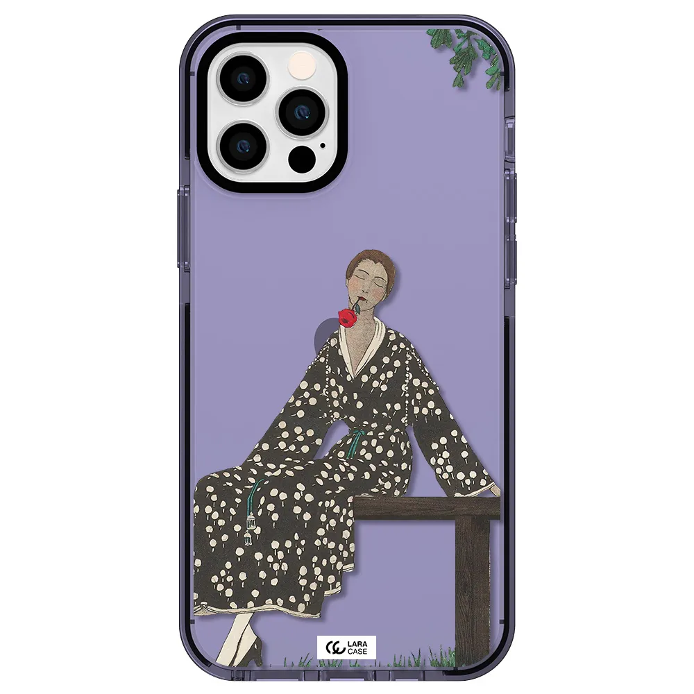 a woman sitting on a bench Apple iPhone 12 pro impact Lilac Case