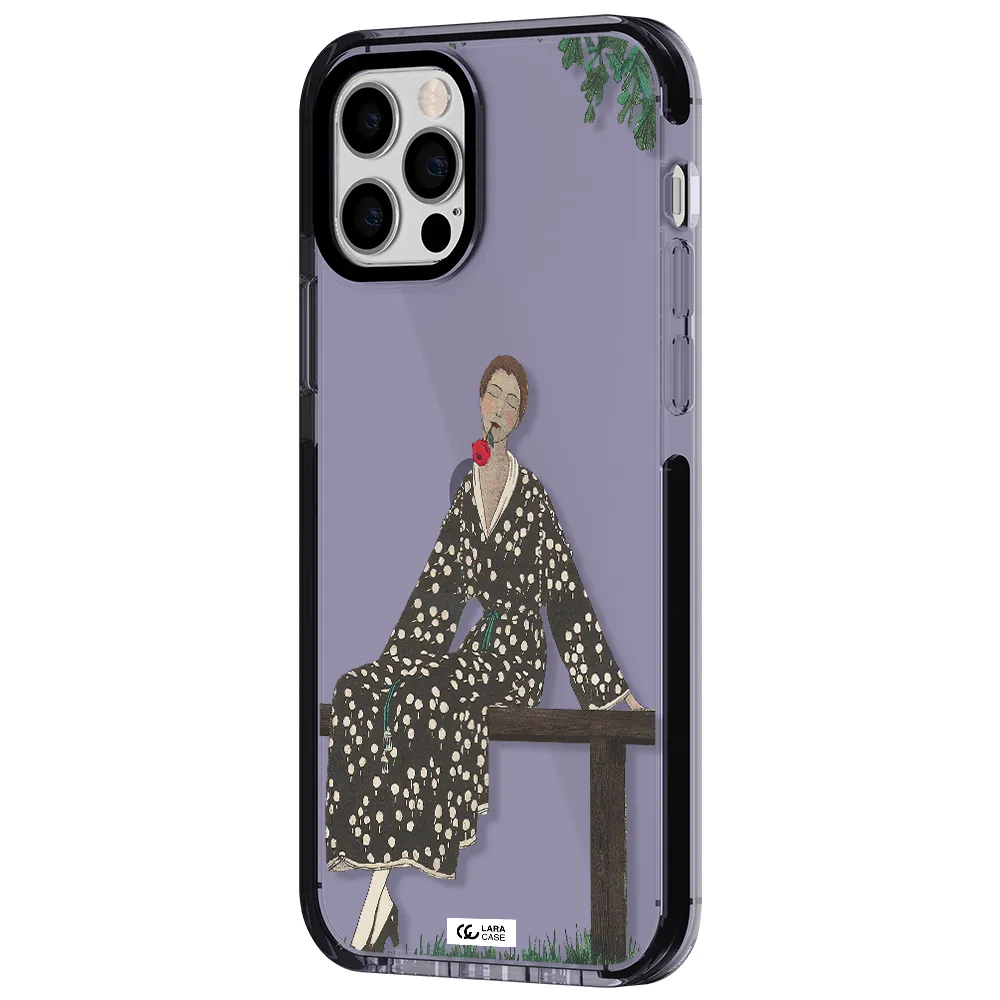 a woman sitting on a bench Apple iPhone 12 pro impact Lilac Case