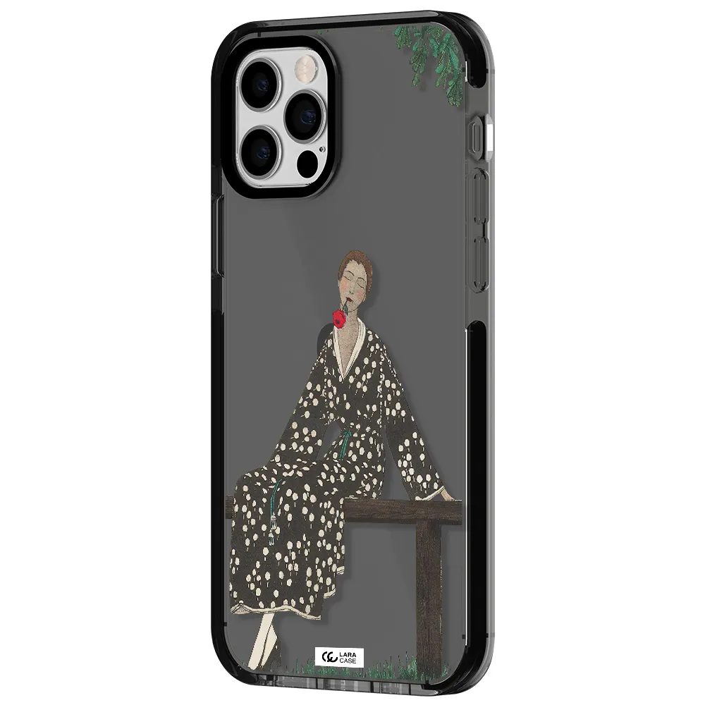 a woman sitting on a bench Apple iPhone 12 pro impact Smoke Black Case