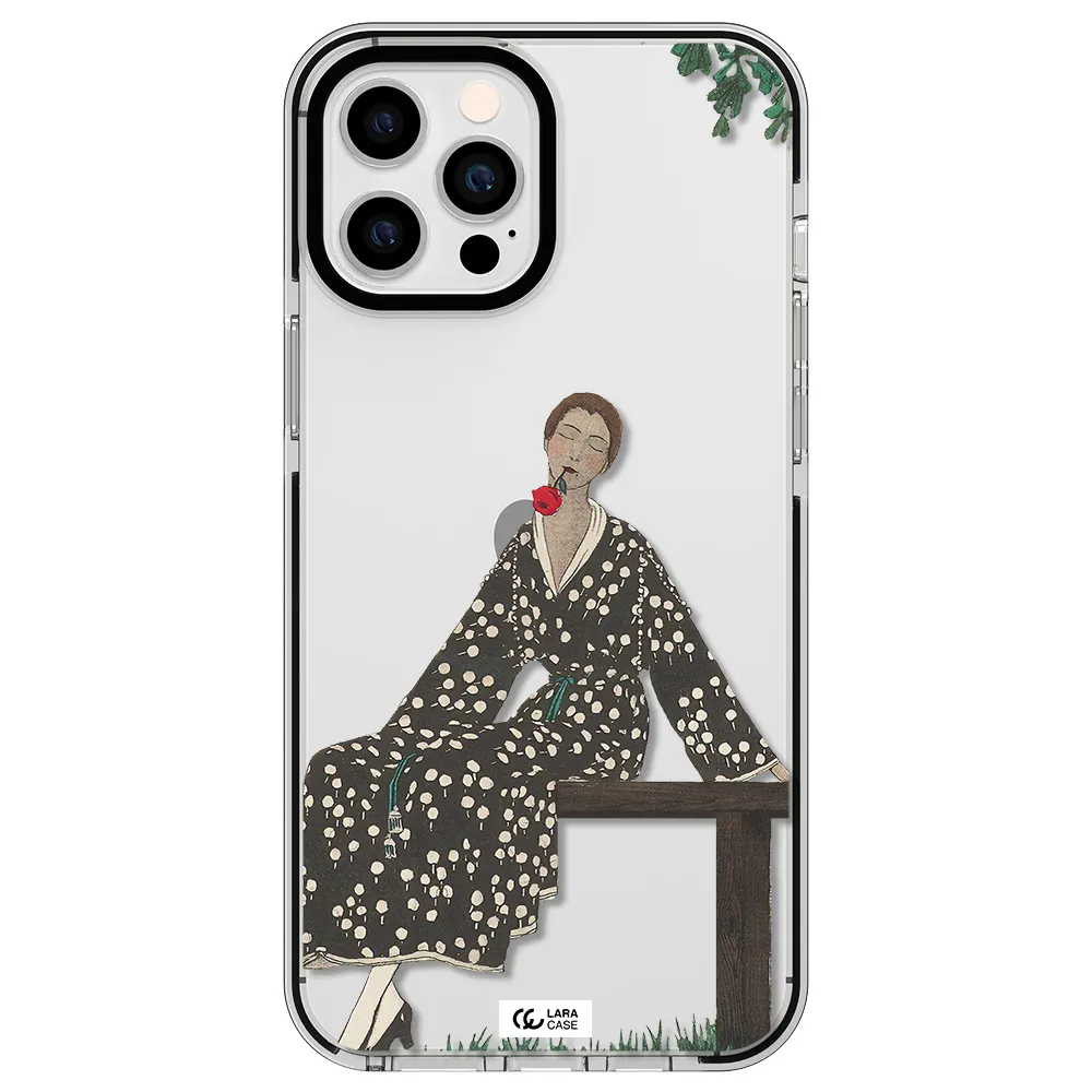 a woman sitting on a bench Apple iPhone 12 pro max impact black border Case