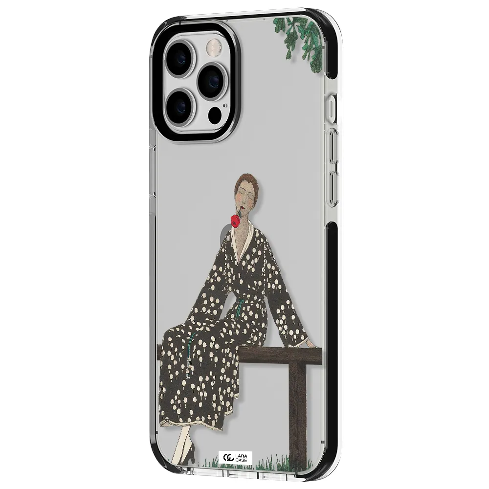 a woman sitting on a bench Apple iPhone 12 pro max impact black border Case