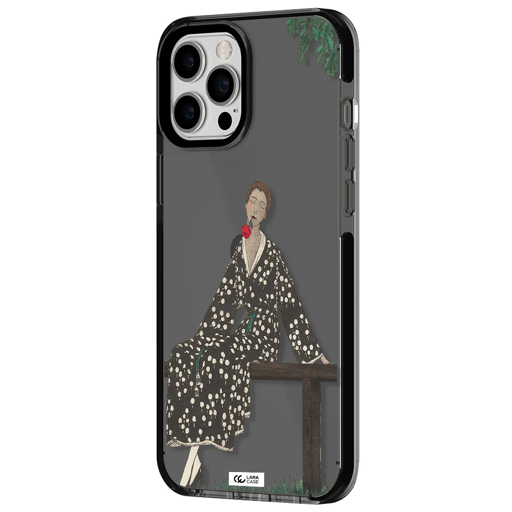 a woman sitting on a bench Apple iPhone 12 pro max impact Smoke Black Case